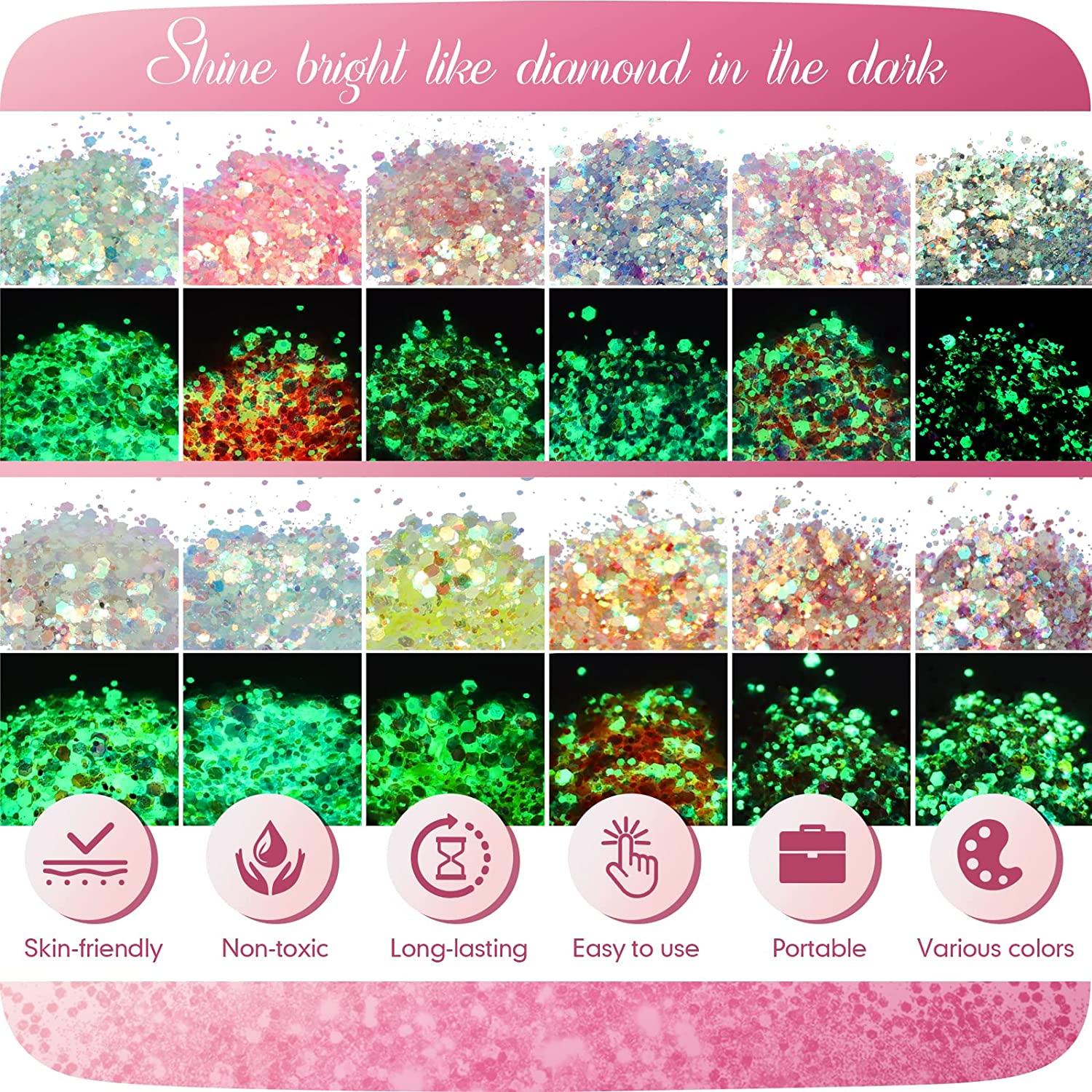 12 Color Luminous Sequins, Glow In The Dark Glitters for Body