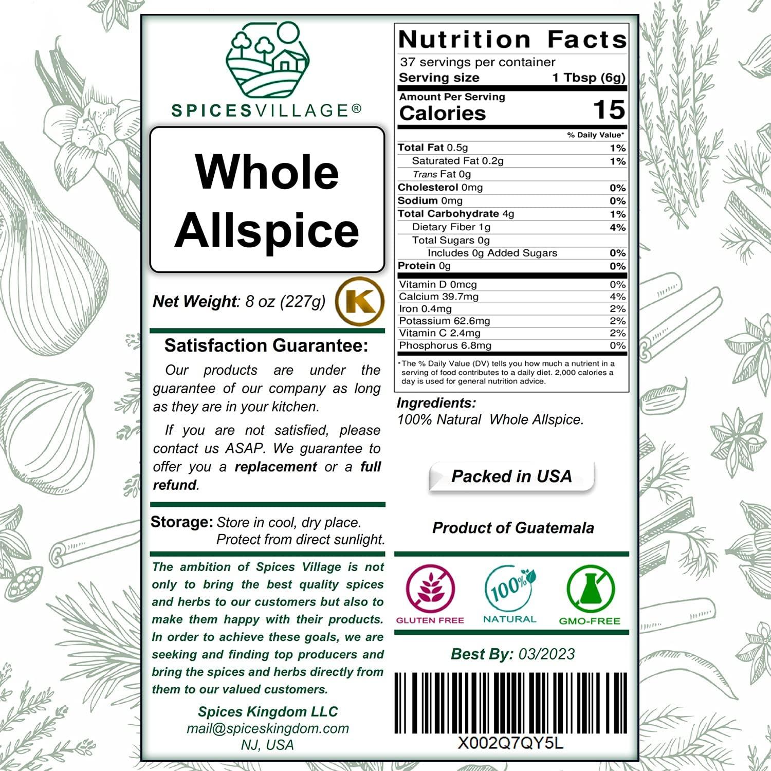 Organic Allspice Whole Berries- Certified USDA Organic- Allspice Seasoning for Baking, Marinades, Pickling, Stews, Sauces, and Beverages, Size: 8 oz.