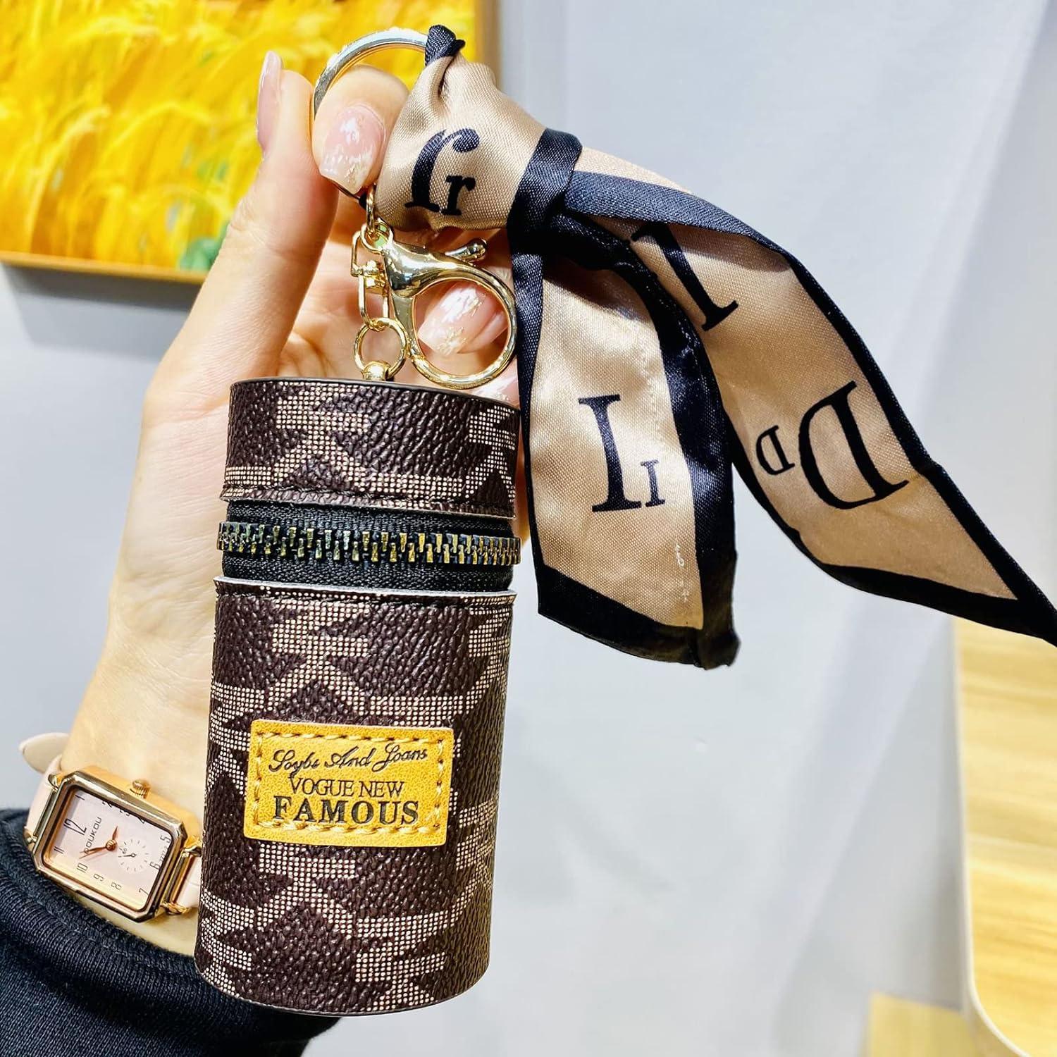 Luxury Leather Bucket Lipstick Bag Silk Scarf Keychain Exquisite