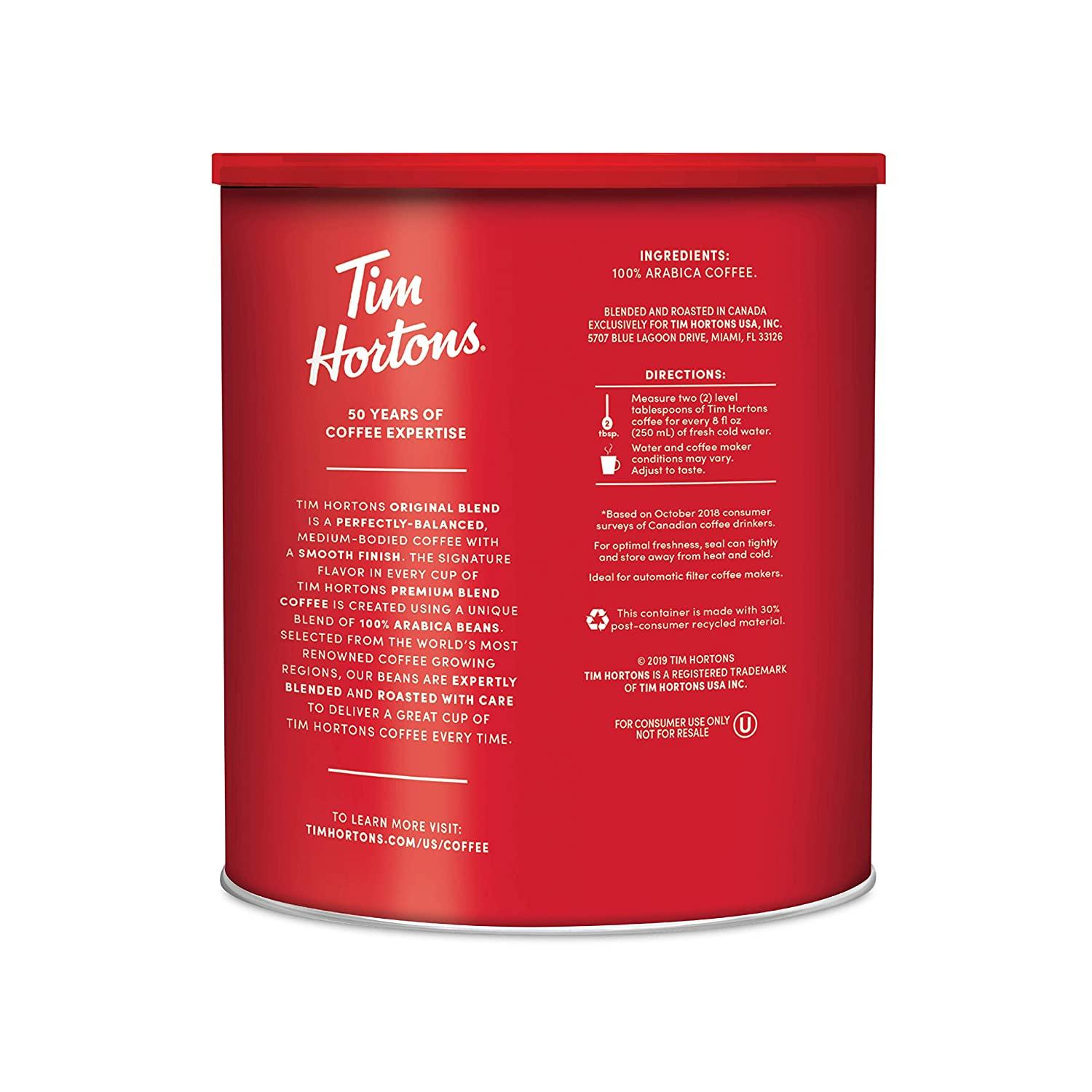 Tim Hortons Original Blend, Medium Roast Ground Coffee, Perfectly Balanced,  Always Smooth, Made with 100% Arabica Beans, 12 Ounce Bag Ground