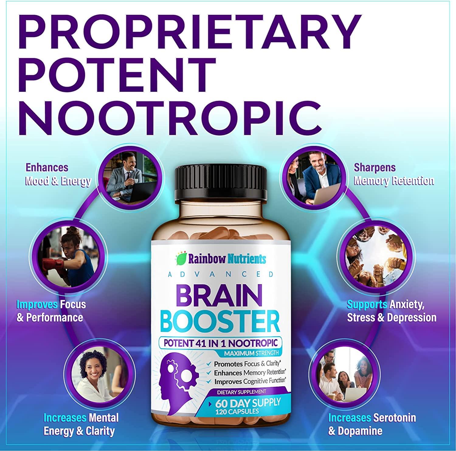 41 in 1 Brain Booster Supplement for Focus, Memory, Clarity, Energy,  Concentration, Natural Nootropics Brain Support Supplement with DMAE,  Bacopa Monnieri & More, for Men & Women