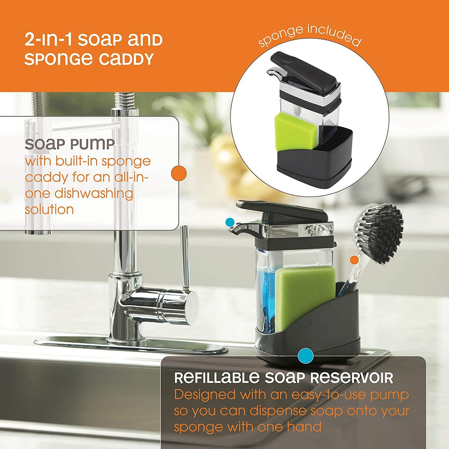 Dish Soap Dispenser for Kitchen, Soap Dispenser and Sponge Holder, Soap  Pump Dispenser, 2-in-1 One Hand Soap Pump Dispenser