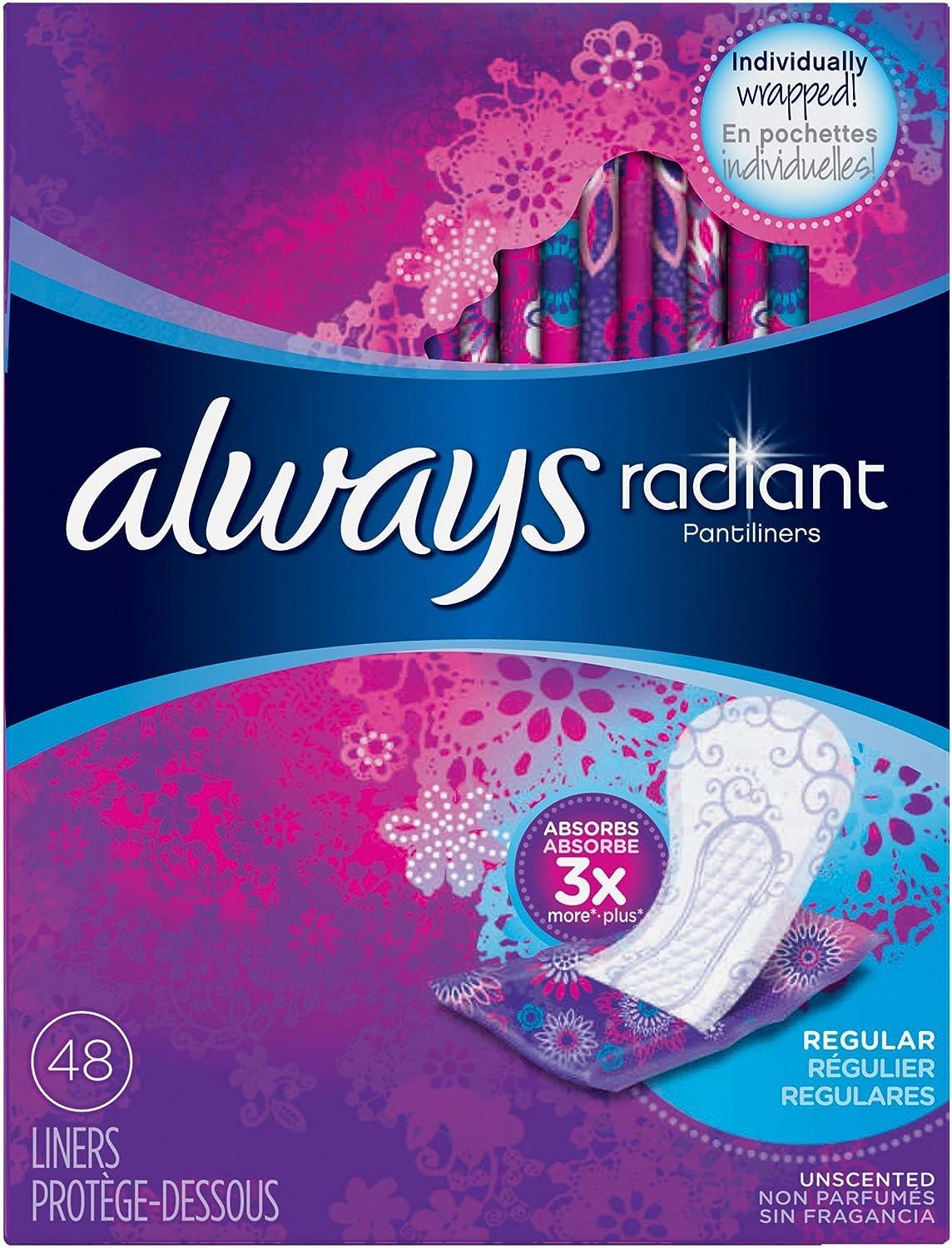 Always Radiant Pantiliners, Regular, Unscented, 96 Liners (Pack of