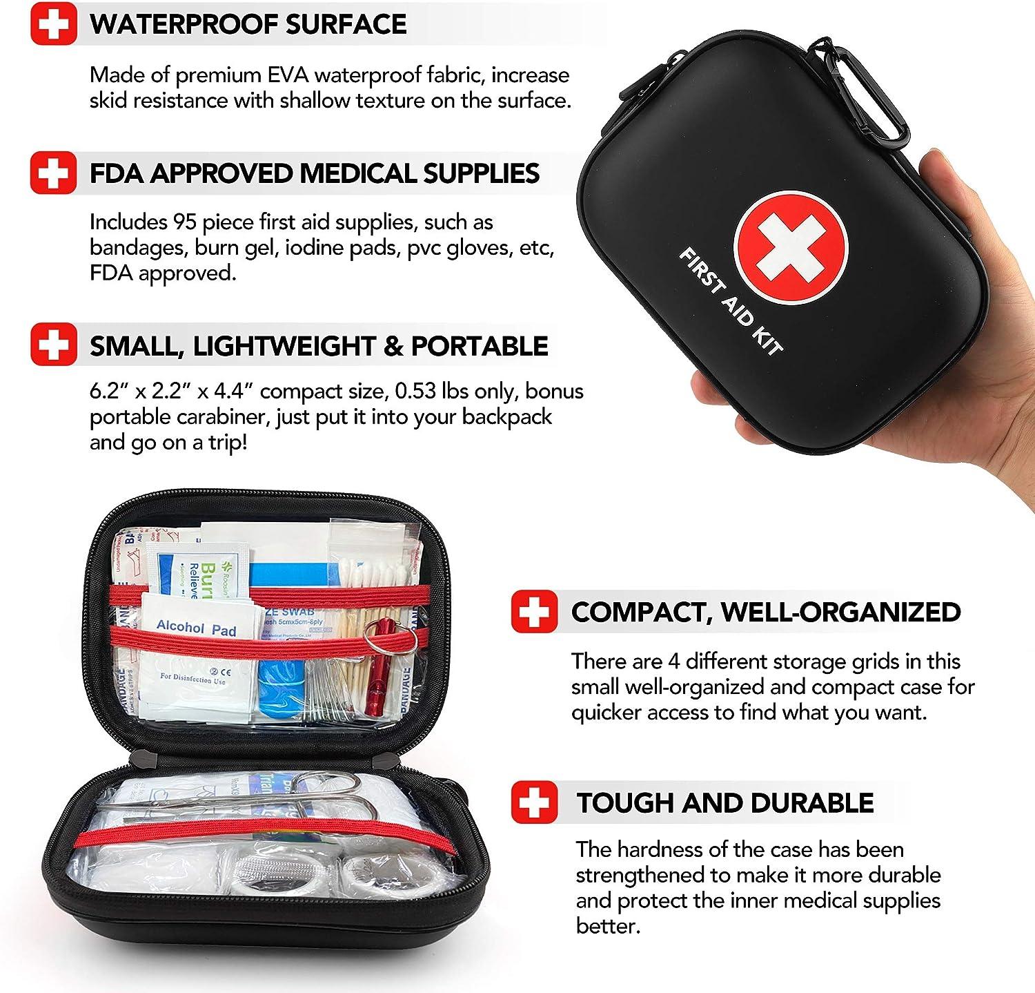 Alysontech Mini First Aid Kit, 100 Pieces Small Water-Resistant Hard Shell  Case - Perfect for Travel, Outdoor, Home, Office, Camping, Hiking, Car  (Black)