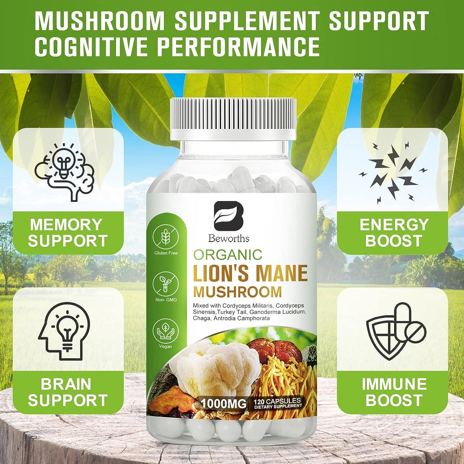 ORGANIC LION'S MANE MUSHROOM EXTRACT - BRAIN AND MOOD SUPPORT - 120  CAPSULES