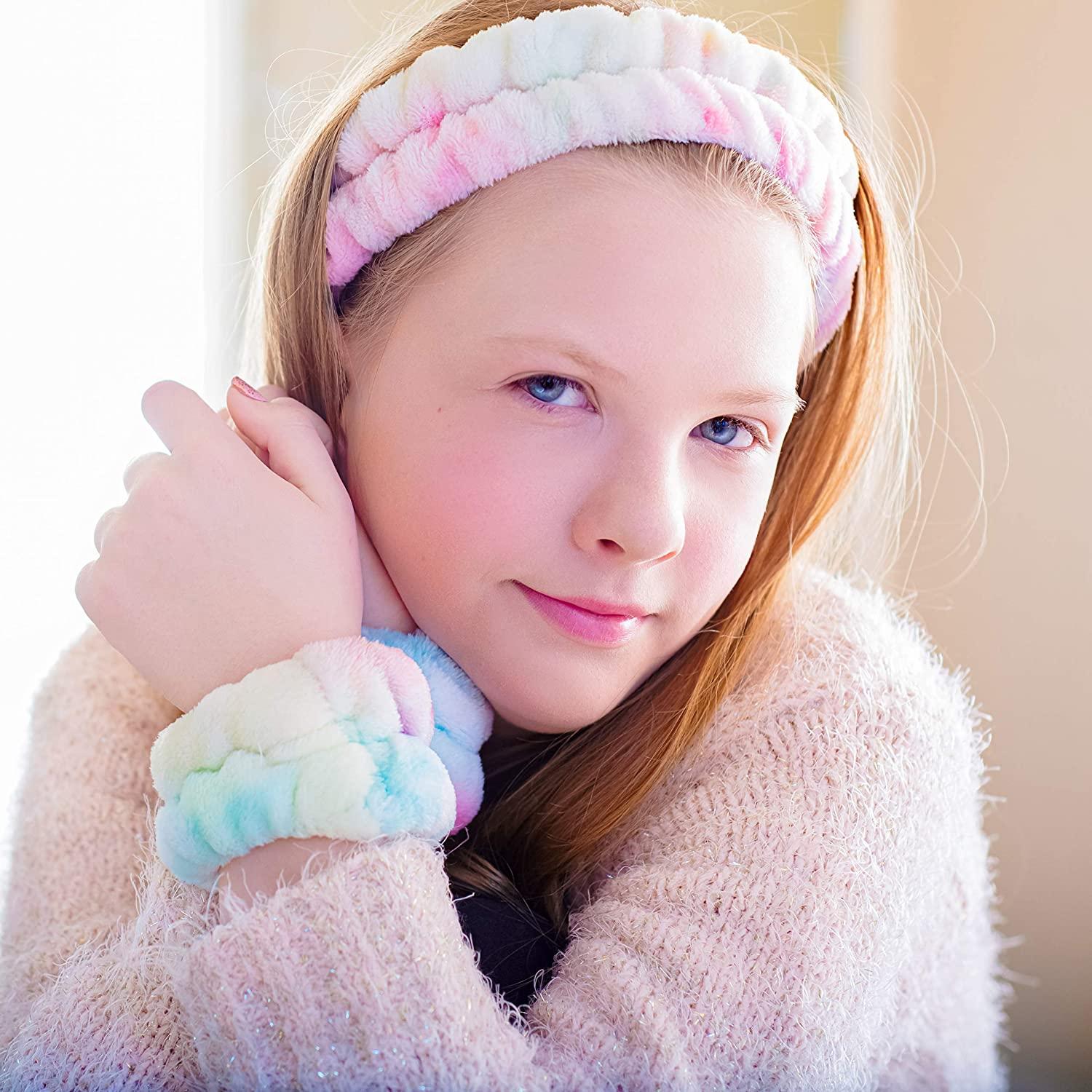 Spa headband for washing face and matching wrist strap, fuzzy skin care  headband for teenagers and girls, soft facial makeup headband for children