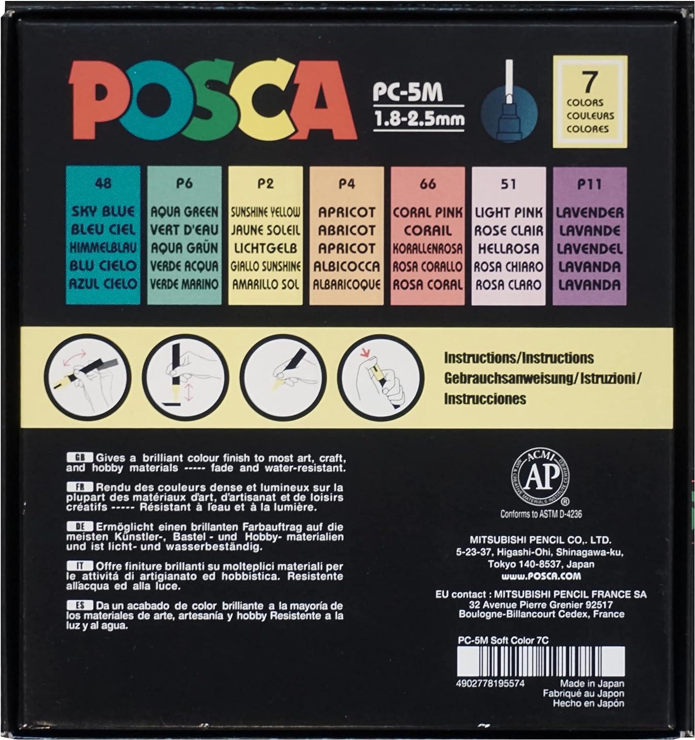  7 Pastel Posca Paint Markers, 5M Medium Posca Markers with  Reversible Tips, Acrylic Paint Pens