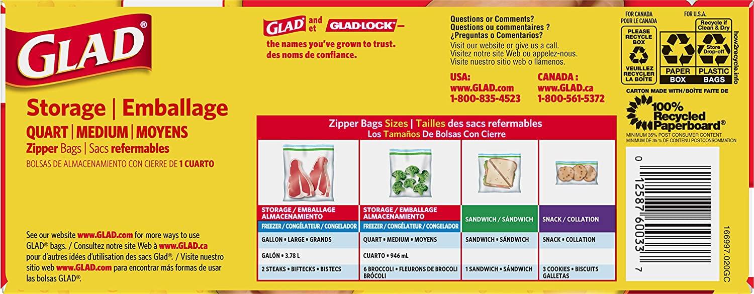 Glad - Zipper Food Storage Plastic Bags - Quart - 50 Count
