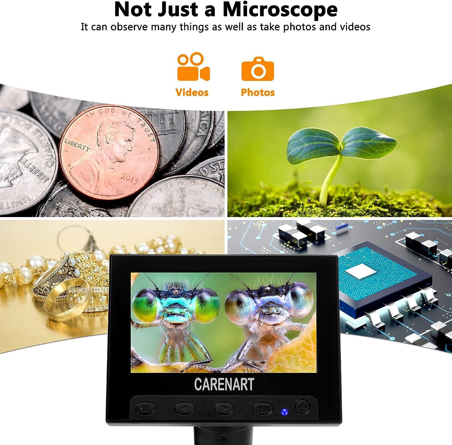 4.3 Inch Digital Microscope, Carenart Coin Microscope with 32GB TF Card  50X-1000X Magnification with 8 Adjustable LED Lights for Adults Kids  Outside and Home Use