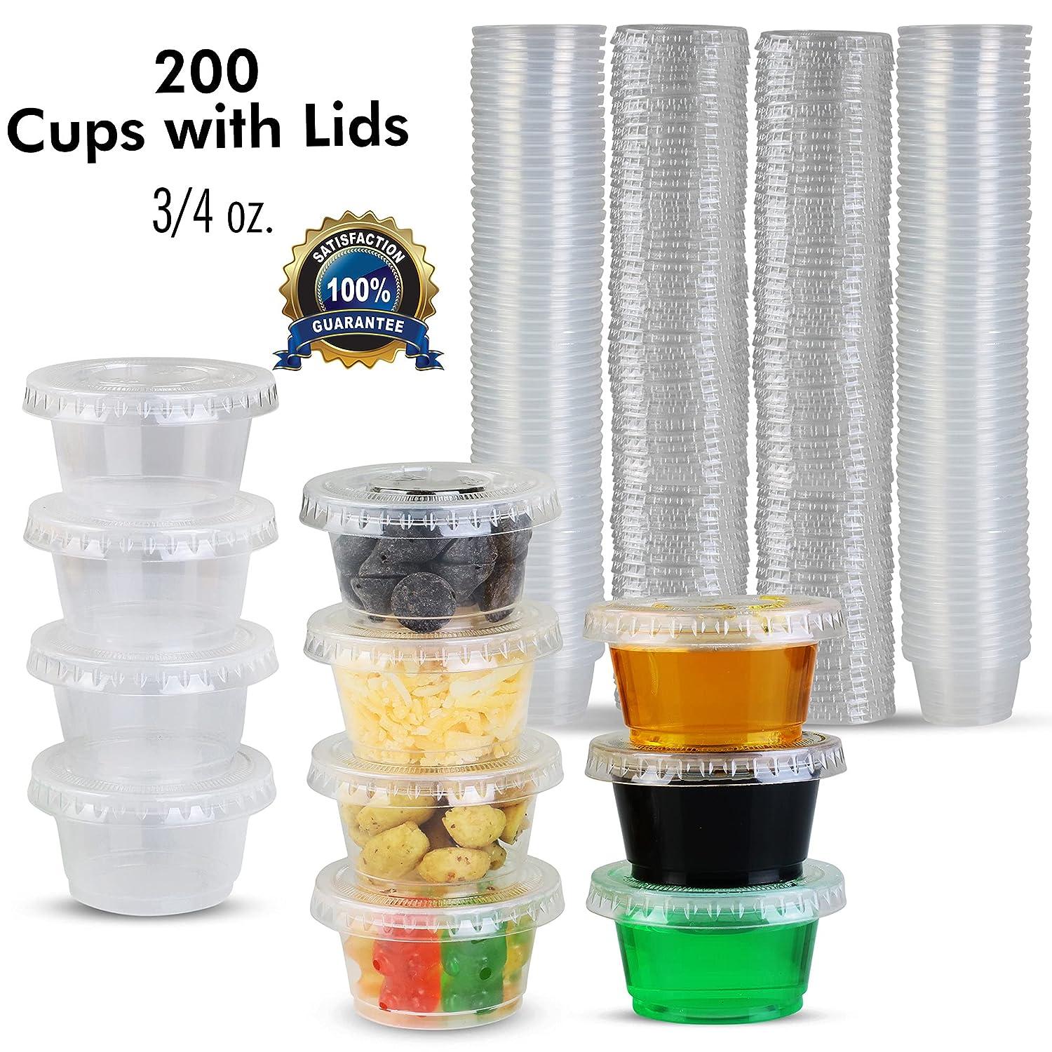 Plastic Condiment Cups with Attached Leak Resistant Lid, (100 Pack