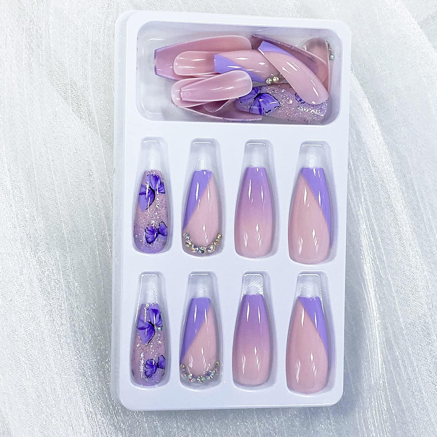 24 Pcs/set Blue Glitter Butterfly Fake Nails Long Coffin Acrylic Press On  Nails