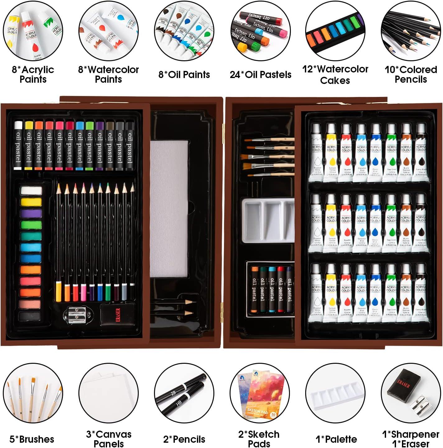 Vigorfun Art Supplies, 108-Piece Wooden Art Set Crafts Kit with Drawing Easel, Deluxe Kids Art Set, Oil Pastels, Colored Pencils, Wate