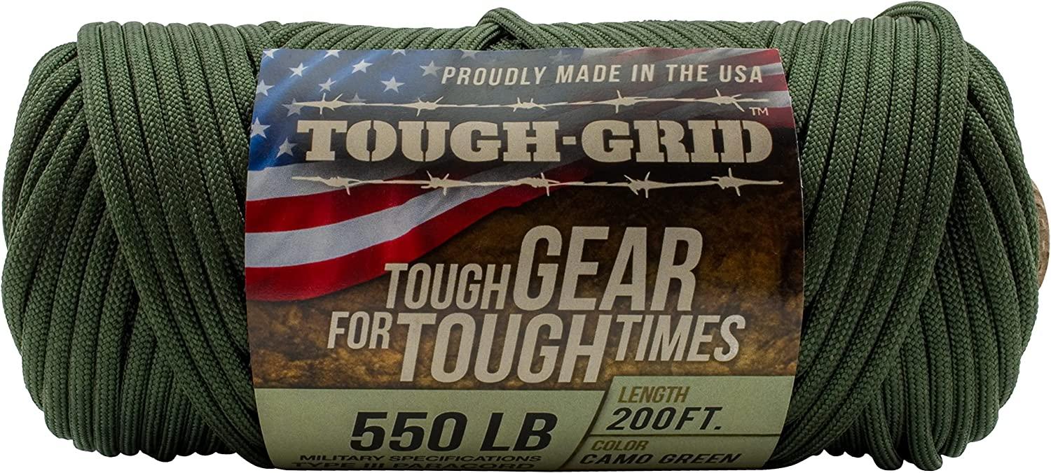 TOUGH-GRID 550lb Paracord Parachute Cord - 100 Nylon Mil-Spec Type III  Paracord Used by The US Military Great for Bracelets and Lanyards Camo  Green 100Ft. (Coiled in Bag)