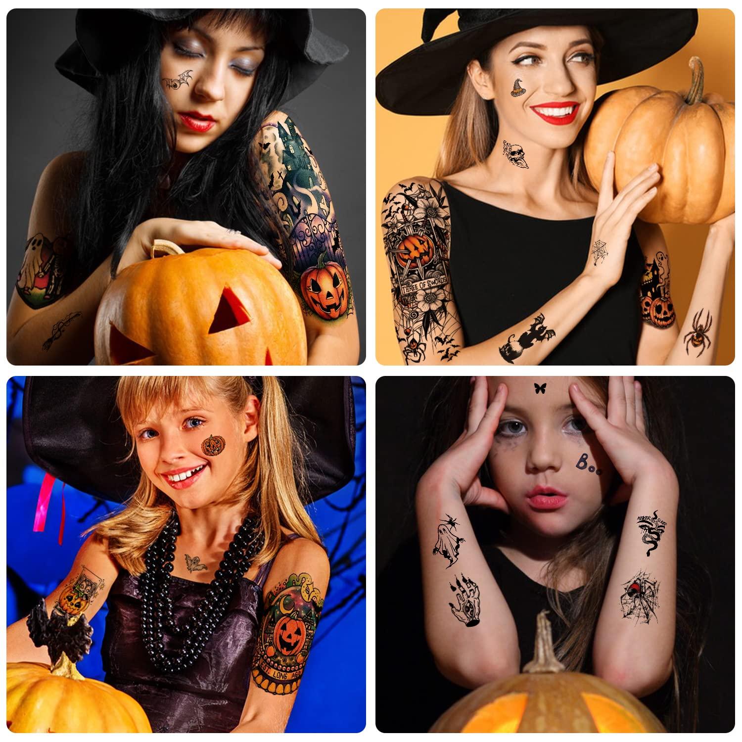 Temporary Tattoo Sleeve - Halloween Pumpkin Ghost Fancy Dress Mens Womens  Kids | eBay