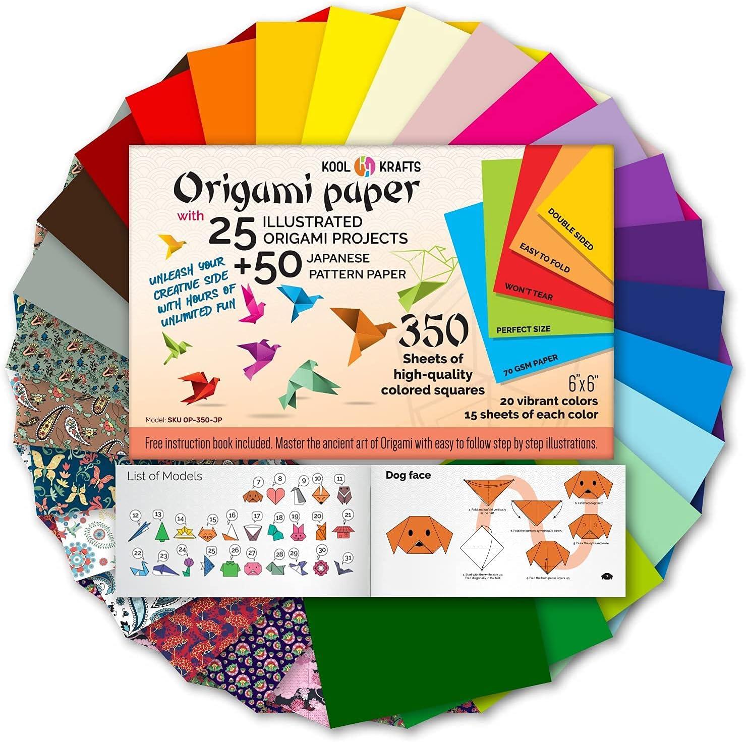 Origami Paper | 350 Origami Paper Kit | Set Includes - 300 Sheets 20 Colors  6x6 | 50 Traditional Japanese Patterns | Origami Book 25 Easy Colored