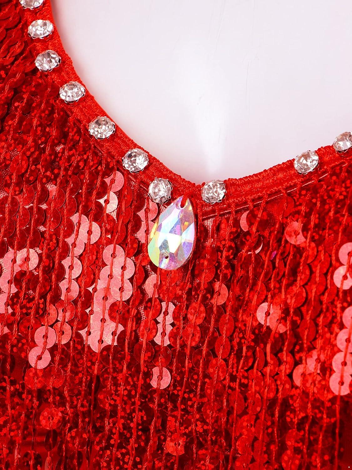 CHICTRY Women's Belly Dance Costume Sequin Shiny Bra Tassel Top Chacha  Tango Dancewear Camisole Tops Red Medium
