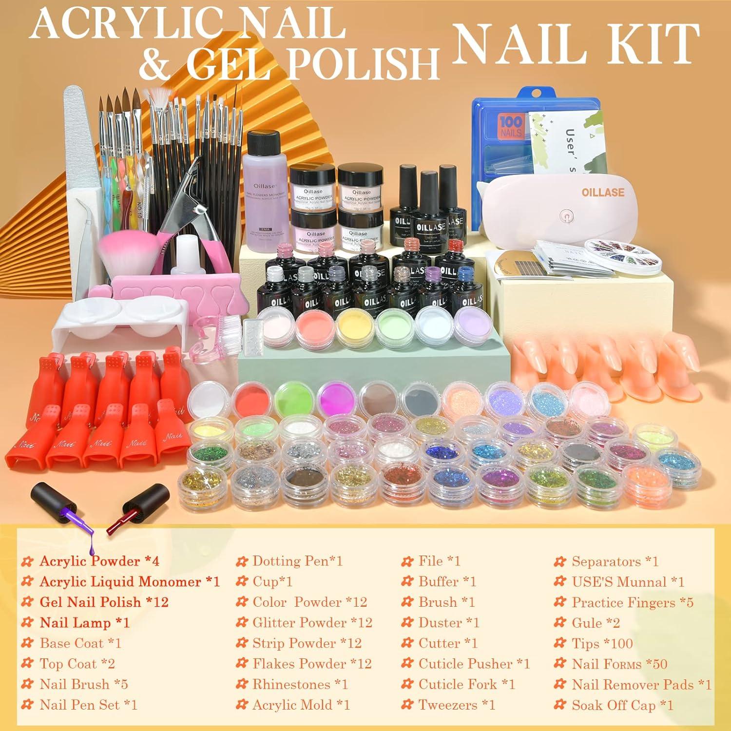 YouLoveIt Acrylic Nail Kit Acrylic Powder Set Complete Practice Hand Nail  Kits Nail Art Decoration Tools Nail Art Work Supplies with 12 Glitter  Powder for Acrylic Nail Tips Beginners - Walmart.com
