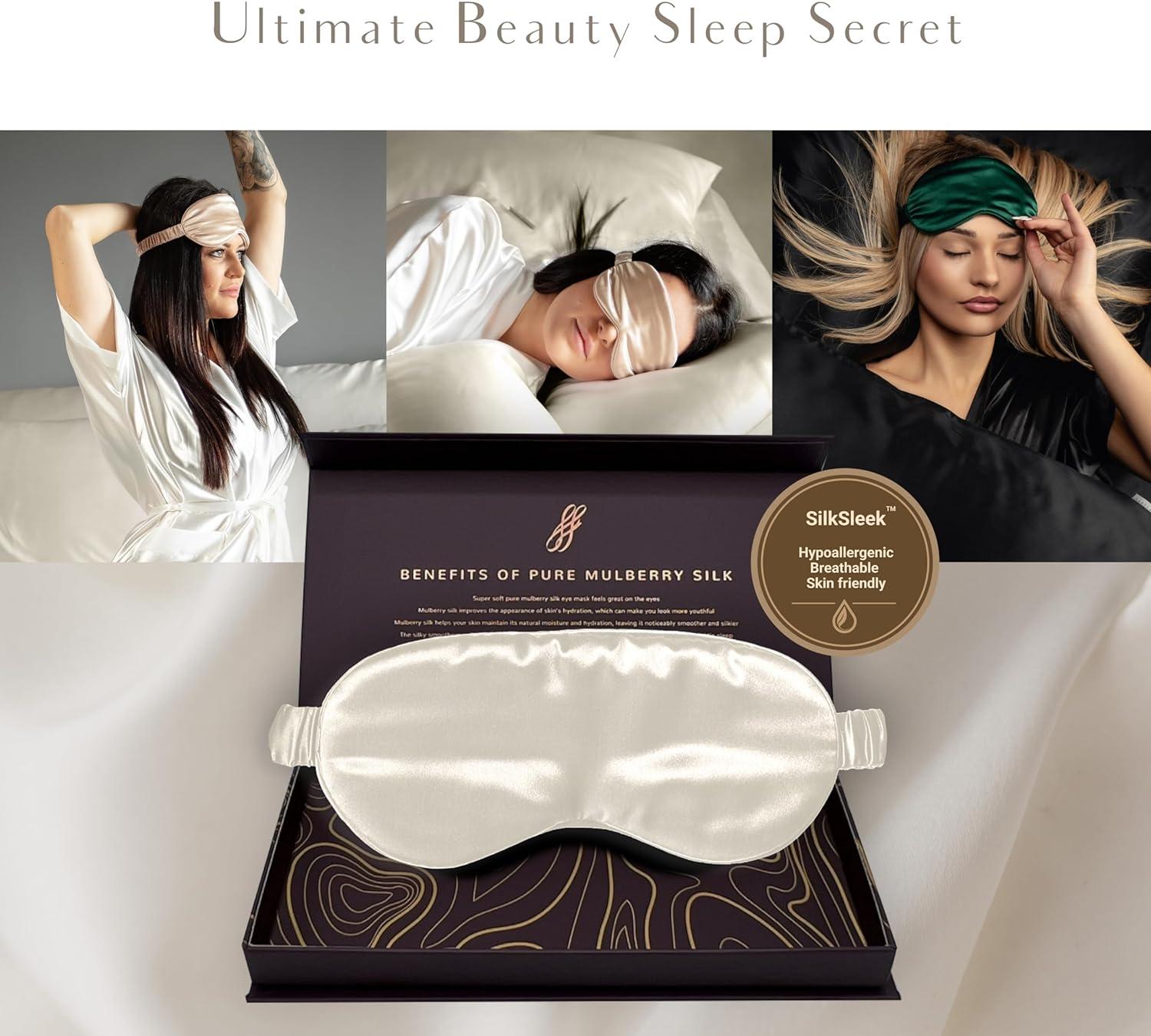 SILKSLEEK Eye Mask for Sleeping 22 Momme Pure Mulberry Silk Sleep Mask  Filled with 100% Pure Silk Travel Essentials Super Soft & Comfortable  Blackout Eye Mask in Gift Box (Pearl White)