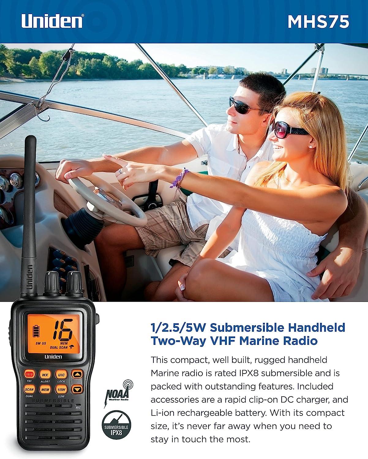 Uniden MHS75 Waterproof Handheld 2-Way VHF Marine radio, Submersible,  Selectable 1/2.5/5 Watt Transmit Power. All USA/International and Canadian