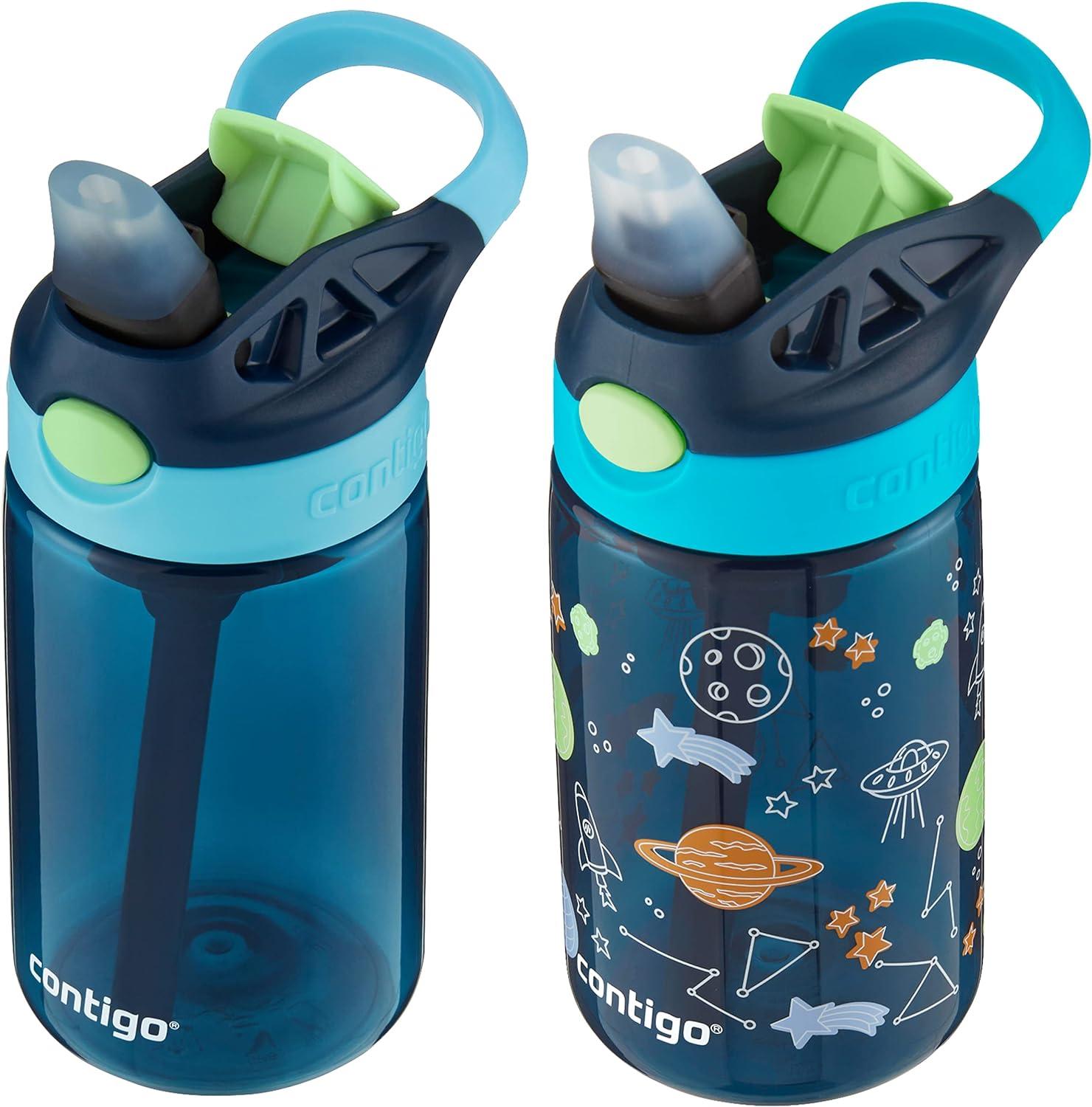 Contigo Aubrey Kids Cleanable Water Bottle with Silicone Straw and Spill-Proof Lid, Dishwasher Safe, 20oz 2-Pack, Blue Raspberry/Cool Lime 