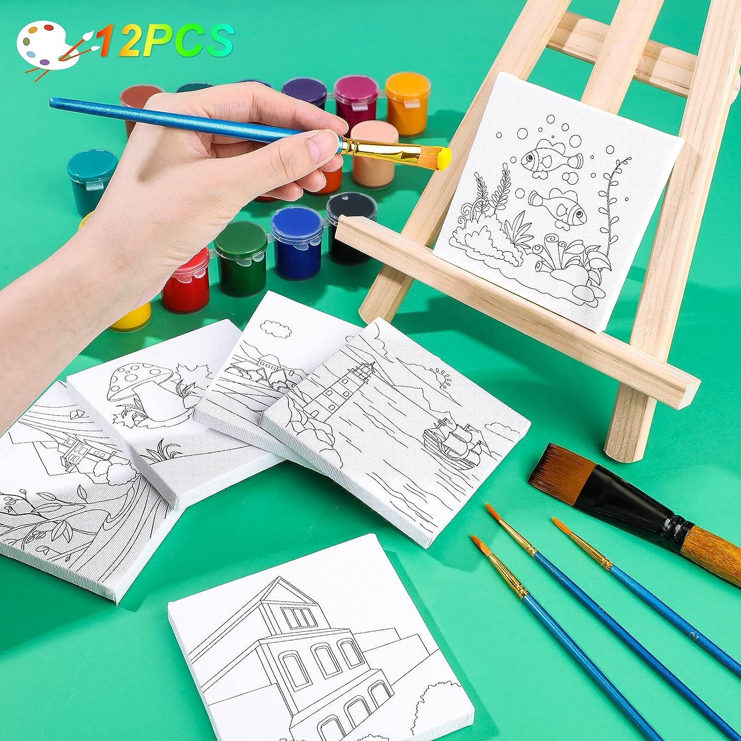 12 Pcs Pre Printed Stretched Canvas Stenciled Painting Canvas Panels  Painting Canvas with Pictures to Paint 4 x 4 Inches Pre Drawn Canvas Kids  Canvas