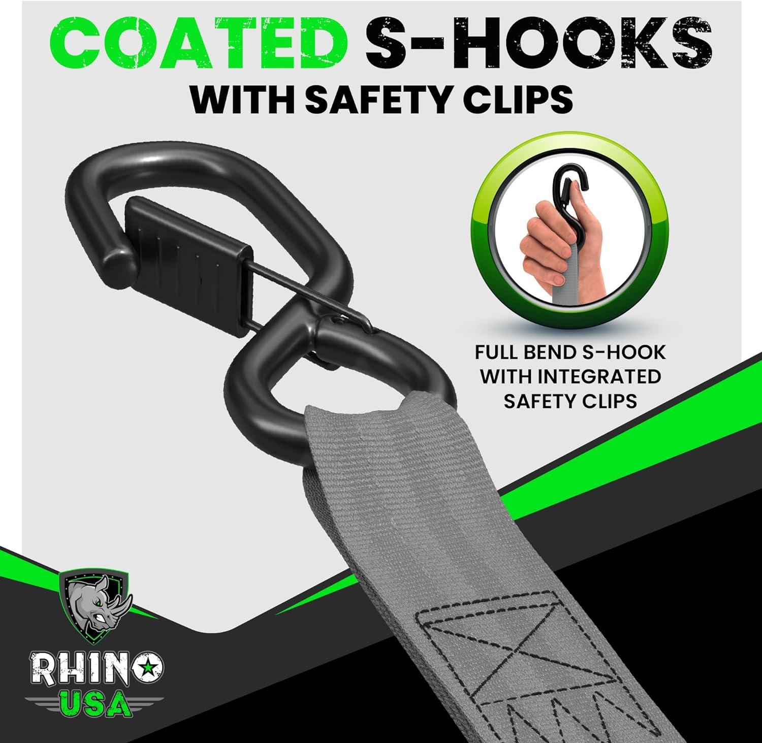 Rhino USA Retractable Ratchet Tie Down Straps (4PK) - 1 209lb Guaranteed  Max Break Strength Includes (4) Ultimate 1 x 10' Autoretract Tie Downs  with Padded Handles. Use for Boat Securing Cargo
