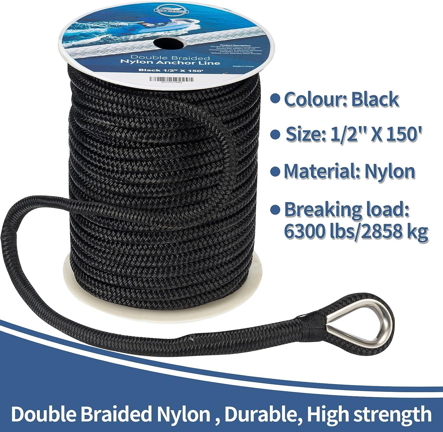 Double Braided Nylon Anchor Line with Stainless Thimble Black 1/2-Inch x 100 -Feet