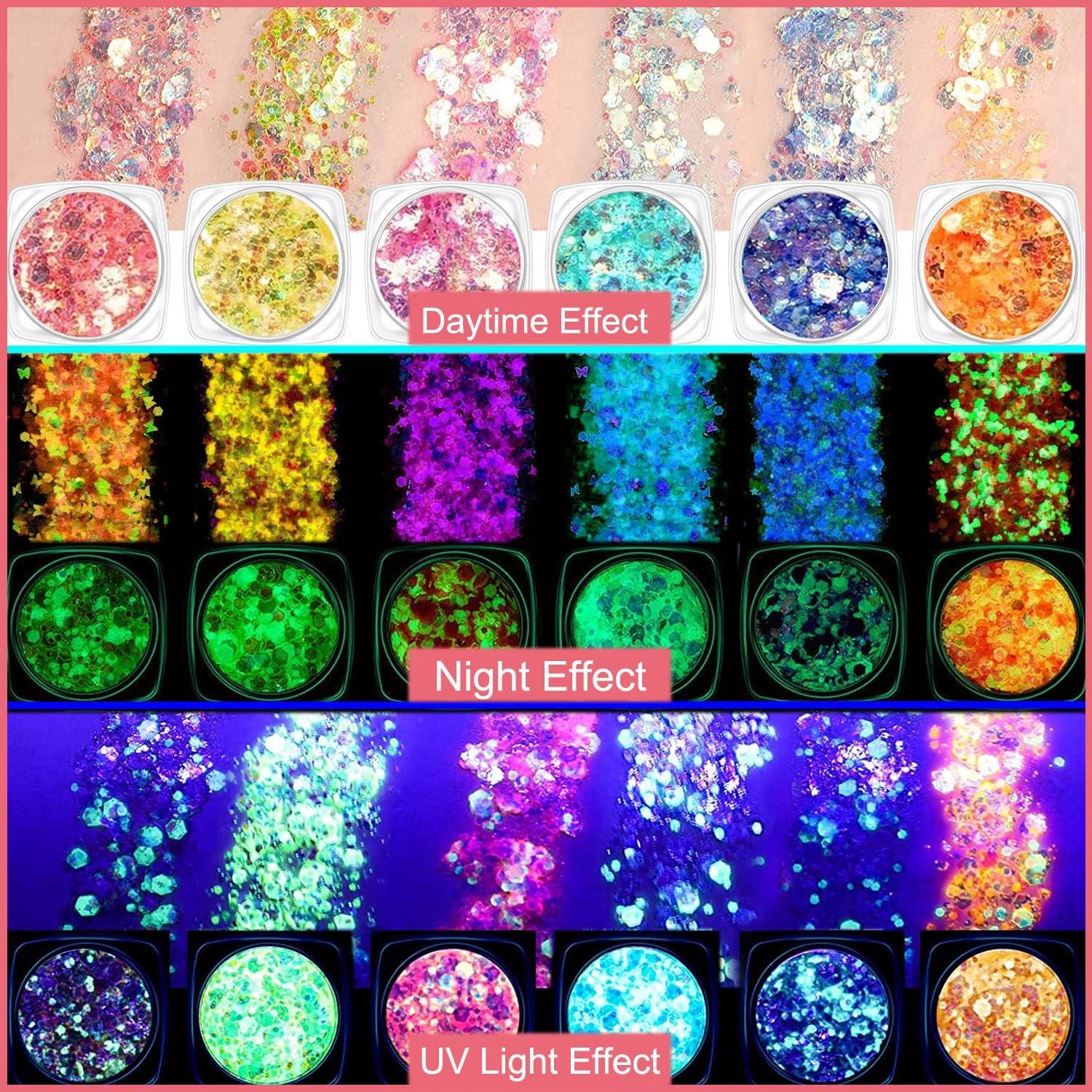 15 Colors Glow in The Dark Face Body Glitter Gel, Holographic Iridescent  Chunky Glitter for Women, UV Black Light Glitter for