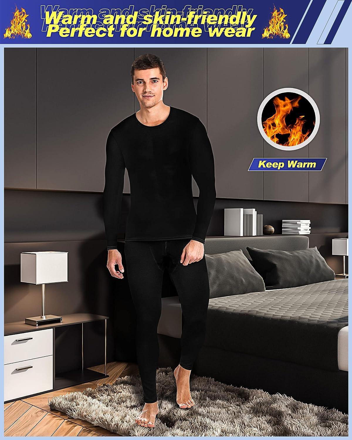 HeroBiker Men's Winter Warm Top and Bottom,Thermal Underwear Wool Lined  Plus Size Set Black M-XXXL