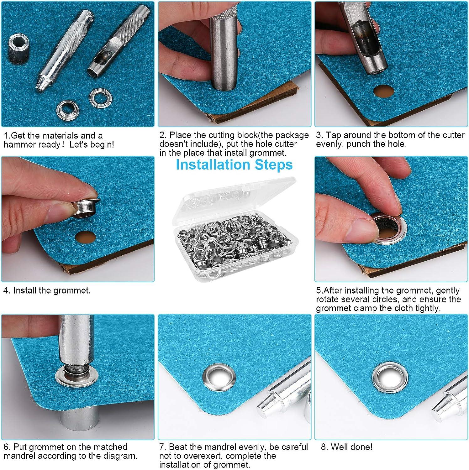 100 Sets Grommet Tool Kit (1/2 Inch Inside Diameter),Grommet Setting Tool  Grommets Eyelets with Storage Box 3 Pieces Install Tool Kit Metal Eyelets