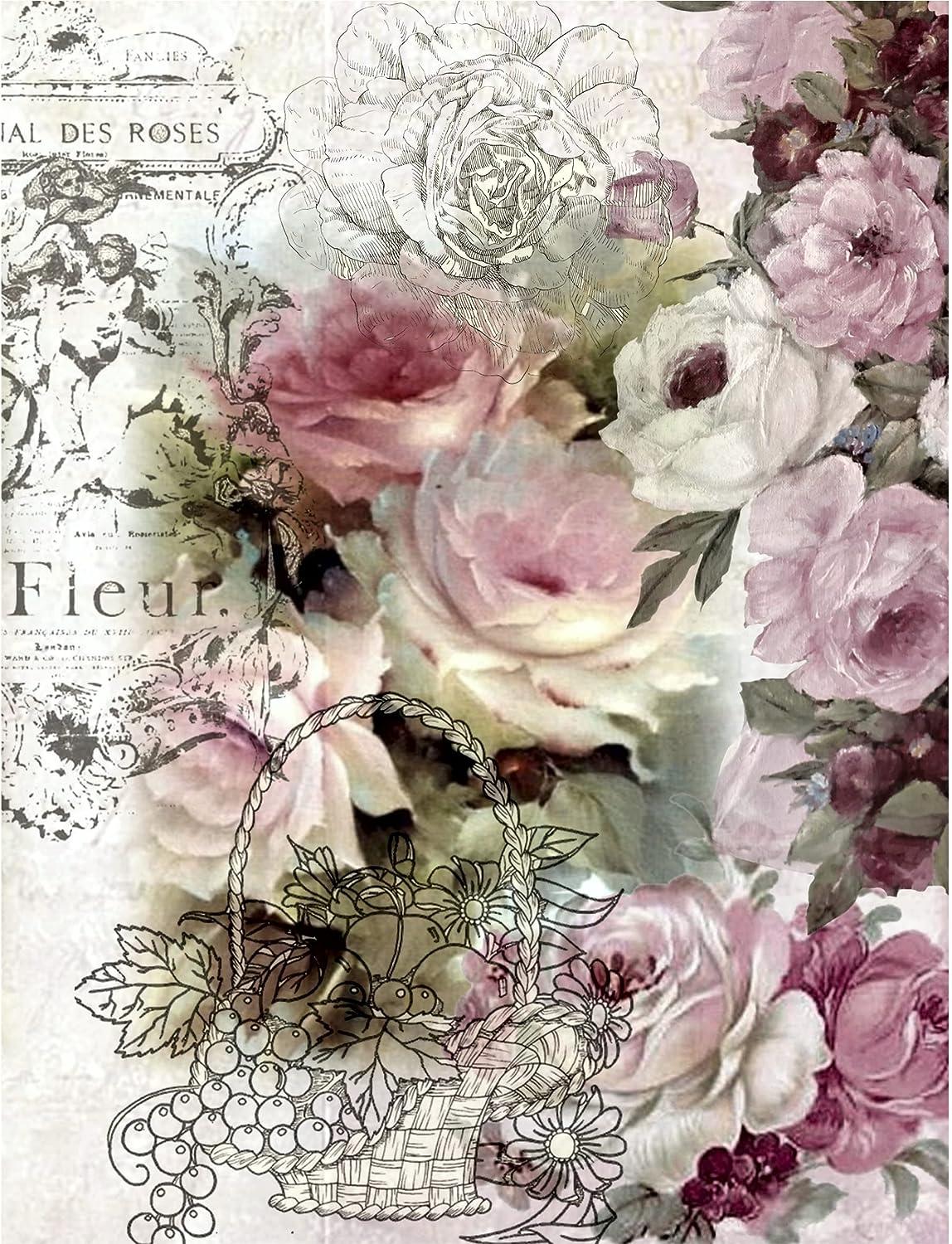 Distressed Floral Overlay Rice Paper, 8 x 10.5 inch - 6 x Different Printed Mulberry Paper Images 30gsm Visible Fibres for Decoupage Crafts Mixed