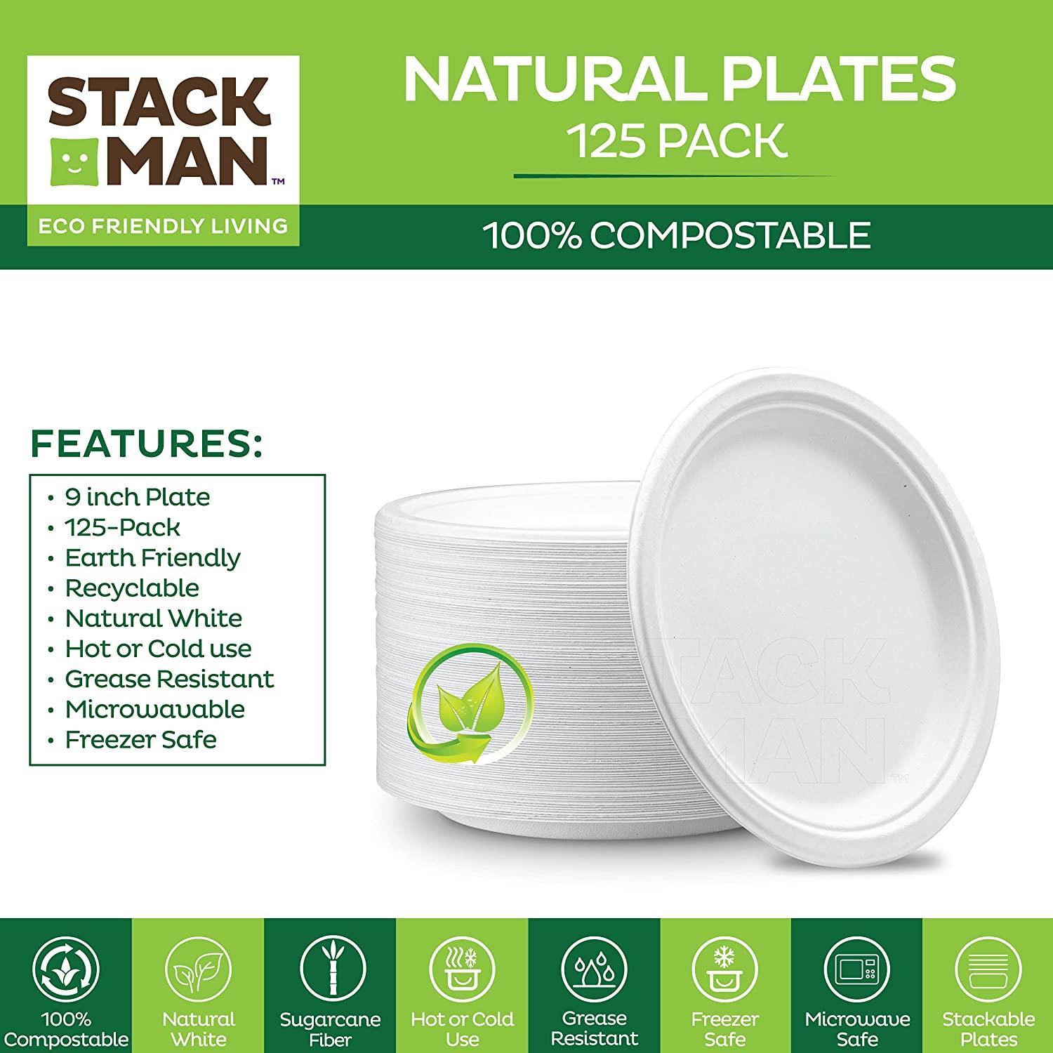 Compostable Plates [125-Pack], Natural Disposable Bagasse Plate
