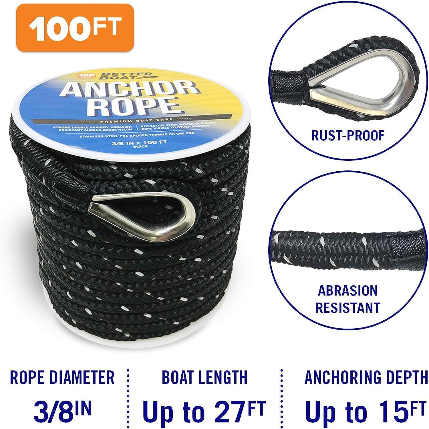 Premium Boat Anchor Rope 100 Ft Double Braided Boat Anchor Line Black Nylon Marine  Rope Braided 3/8 Anchor Rope Reel for Many Anchors & Boats 3/8 Inch Black
