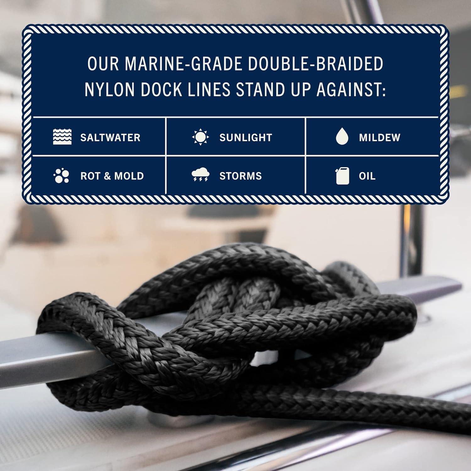 Rainier Supply Co. 4-Pack Boat Dock Lines - 15 ft x 3/8 inch Boat Rope -  Premium Double Braided Nylon Dock Rope - Mooring Lines with 12 Eyelet -  Black 15' x 3/8 4 Pack - Black Nylon