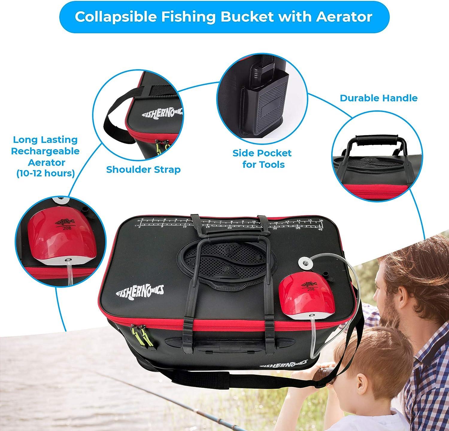 Fishernomics Collapsible Fishing Bucket Livewell  Live Fish and Bait  Container with USB Rechargeable Oxygen Air Pump Aerator Black/Red Large