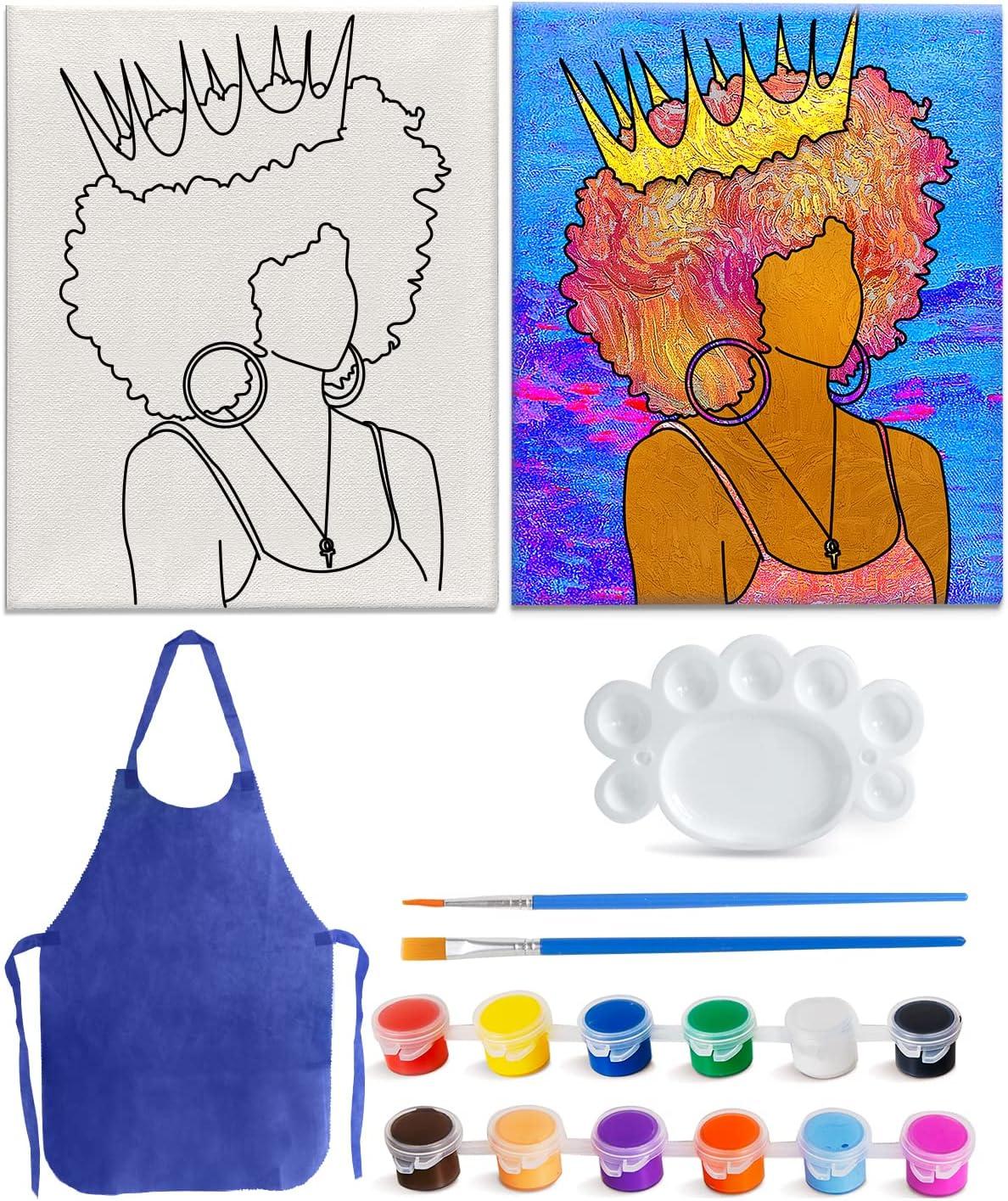 4 PACK 8x10 AFRO QUEEN PAINT PARTY KIT 2 With Paint | Pre Drawn Stretched  Canvas Kit | Birthday Gift | Adult Sip and BLM Party Favor | DIY Virtual