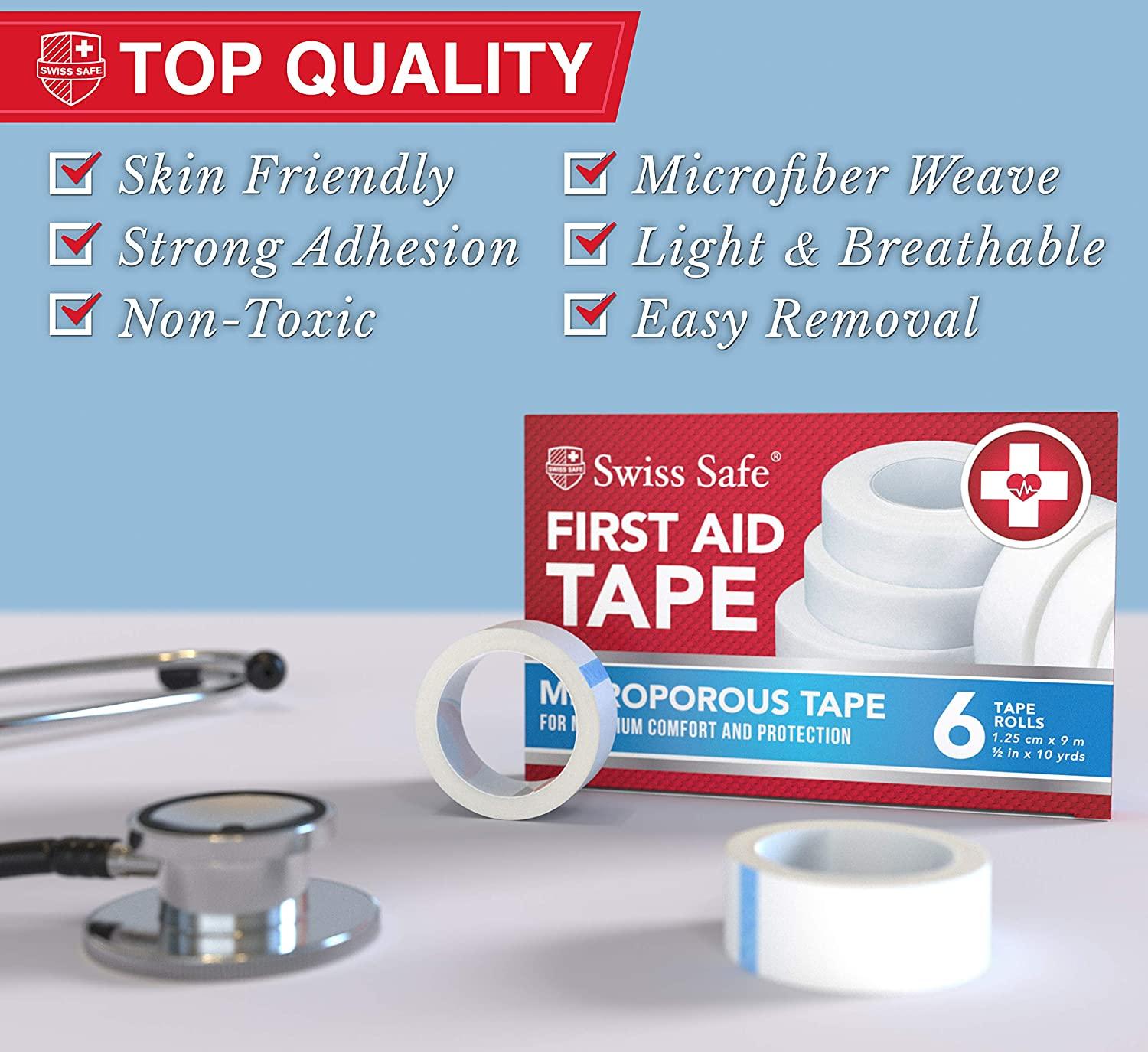 Swiss Safe First Aid Tape, Medical Microporous Surgical Tape, 5/8in Width x  10 Yards Length, Self Adhesive Paper Tape Bandage Rolls (6-Pack)