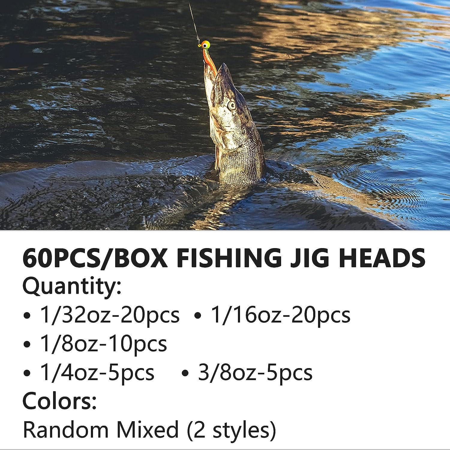 Fishing Jig Head Hooks Kit,60Pcs Round Heads Fishing Jigs Assortment for  Crappie Trout Bass Freshwater Saltwater