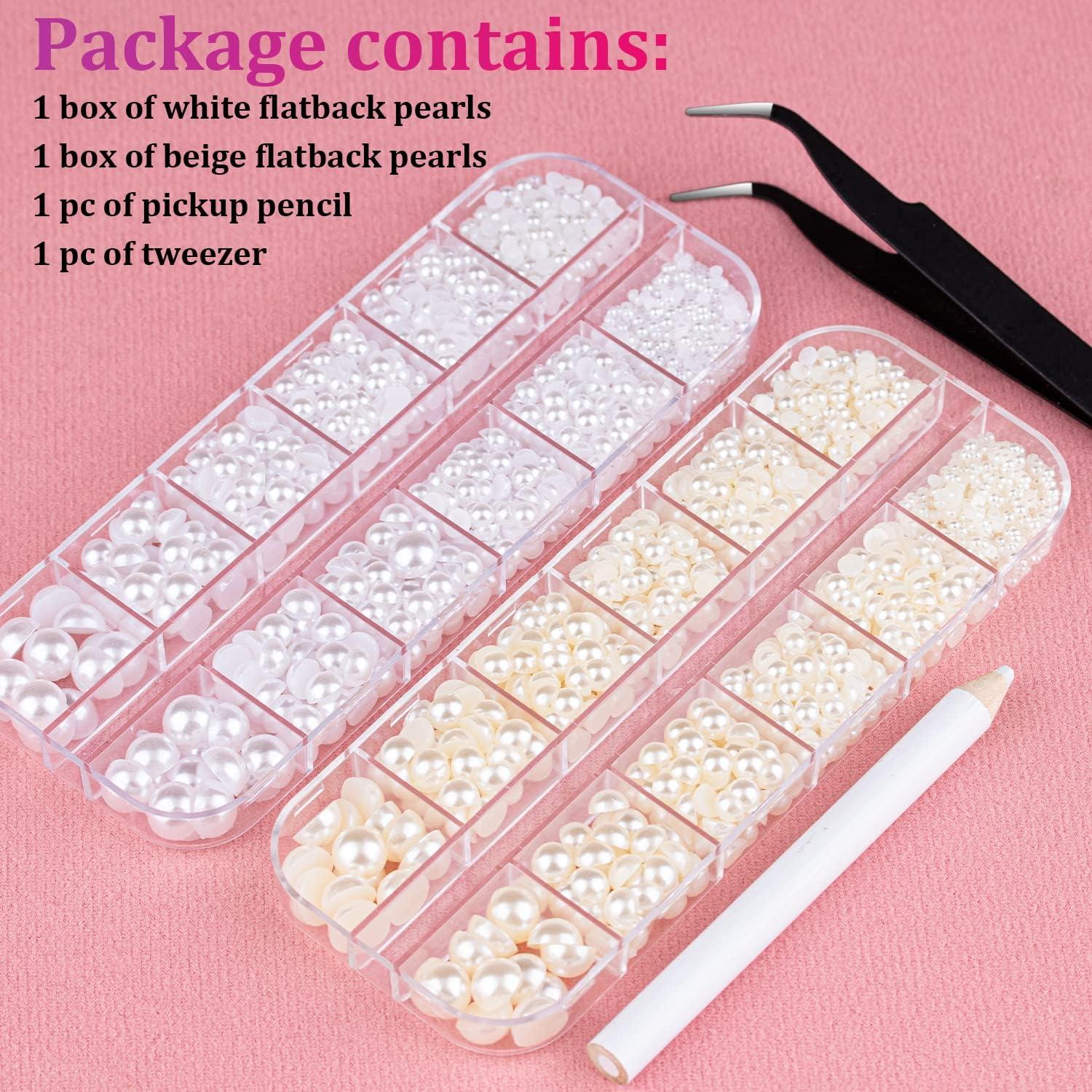 RODAKY 2000Pcs Beige Flatback AB Pearls for Nails Art 6 Size Half Round  Pearls Beads with Pickup Pencil and Tweezer for DIY Craft Nail Face Art  Phone
