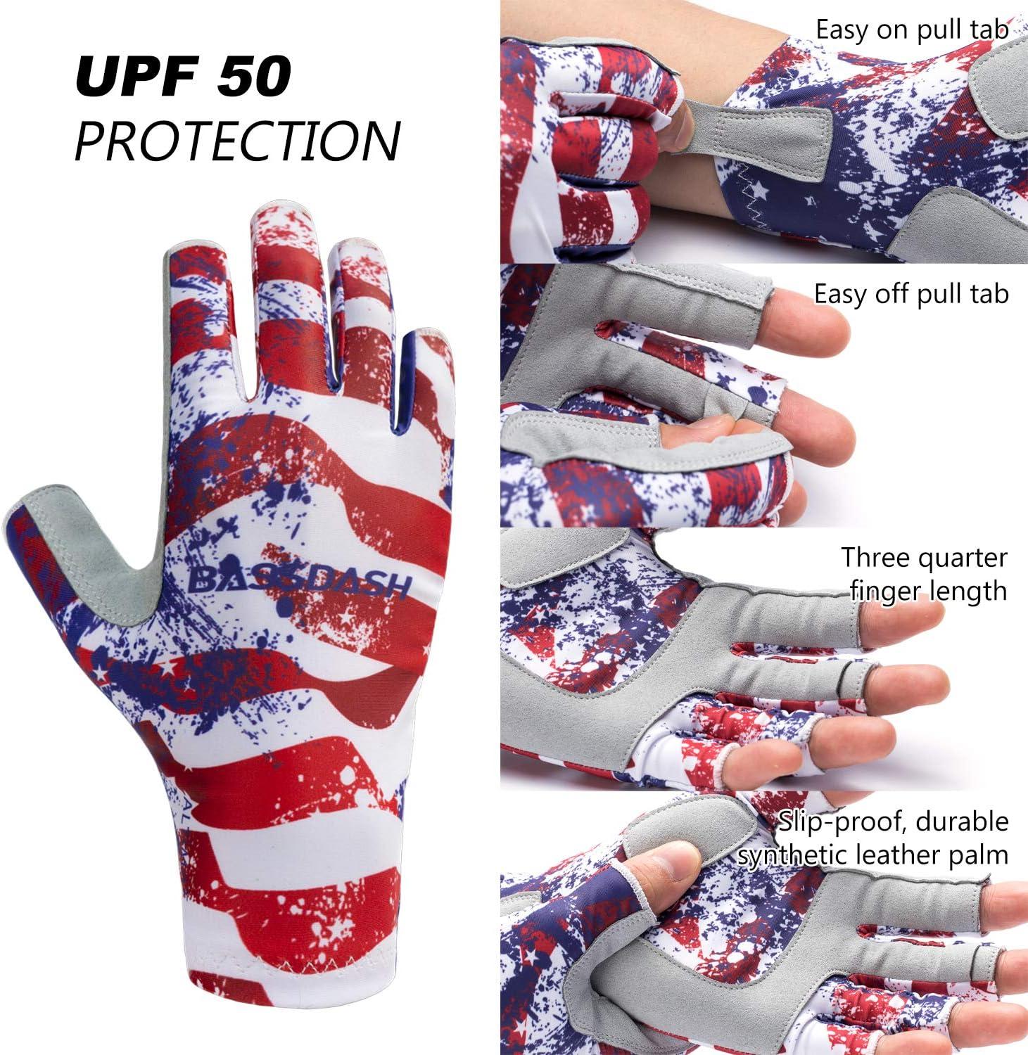 BASSDASH ALTIMATE Fishing Gloves Sun Protection Fingerless Hunting UPF 50+  Mens Womens UV Gloves Americana Large