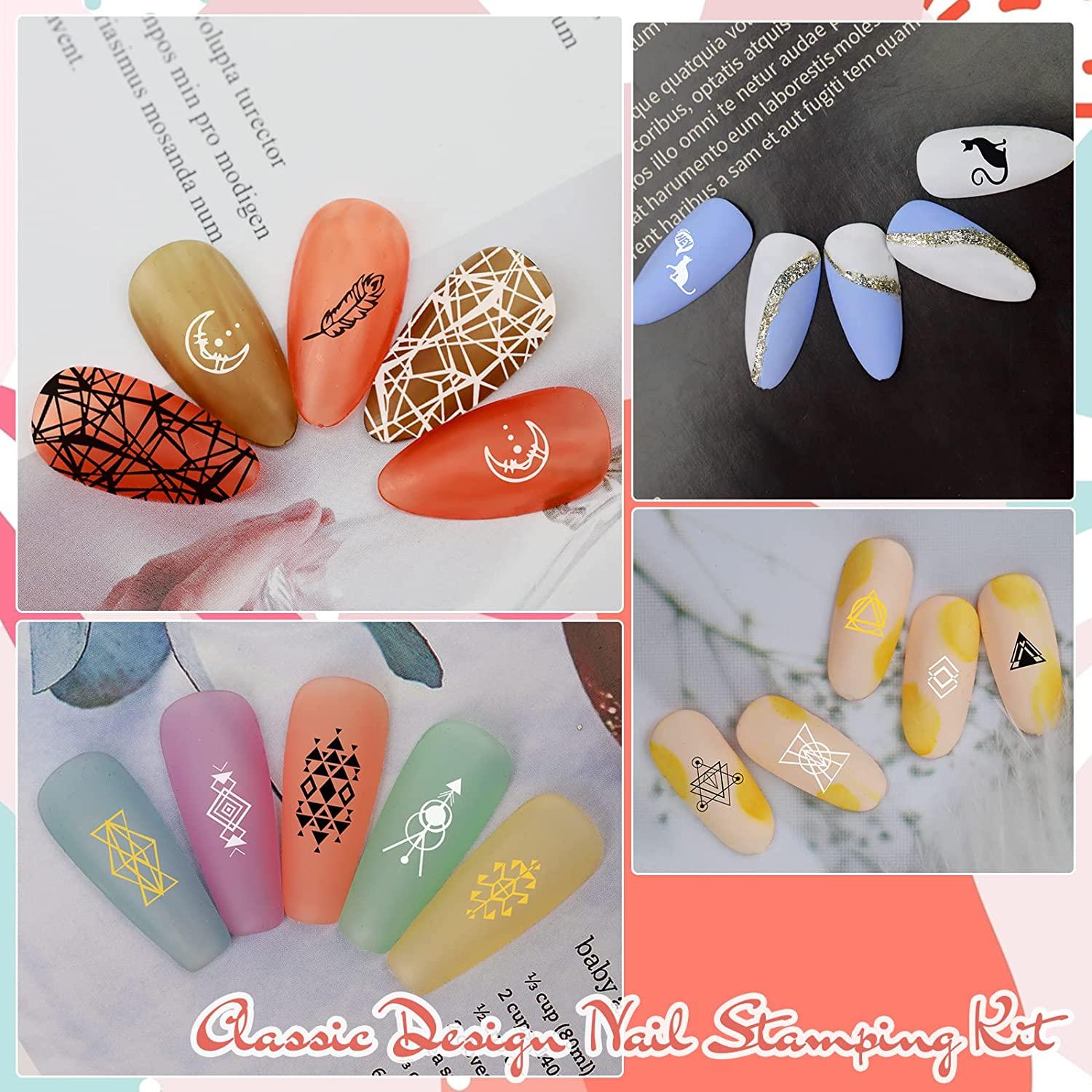 Biutee Nail Stamping Plates Kit 5PCS Nail Art Template Image Plates 8  Colors Nail Stamping Gel Polish Double Head Stampers with Scraper Leaves  Flowers Animals Patterns Manicure Stencils Tools Set
