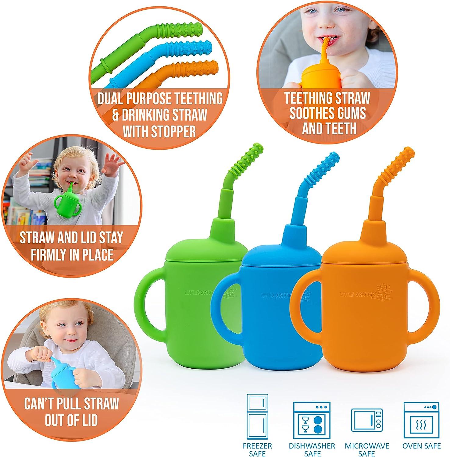 LITTLE SKIPPER Transition Sippy Cups for Baby 6+ Months with Teething Straw  (Dual Teething Tube with Stopper) Silicone Toddler Cups with Straw. Babies  Hollow Teething Stick Toddler Training Cup 3pk