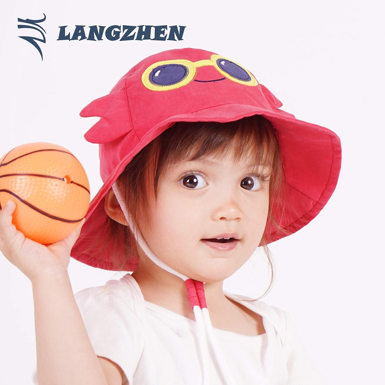 LANGZHEN Beach Sun Protection Hat for Baby Girls Adjustable Toddler Kids Hat  Wide Brim Summer Play Hat with Chin Strap Shark-crab 6-12 Months