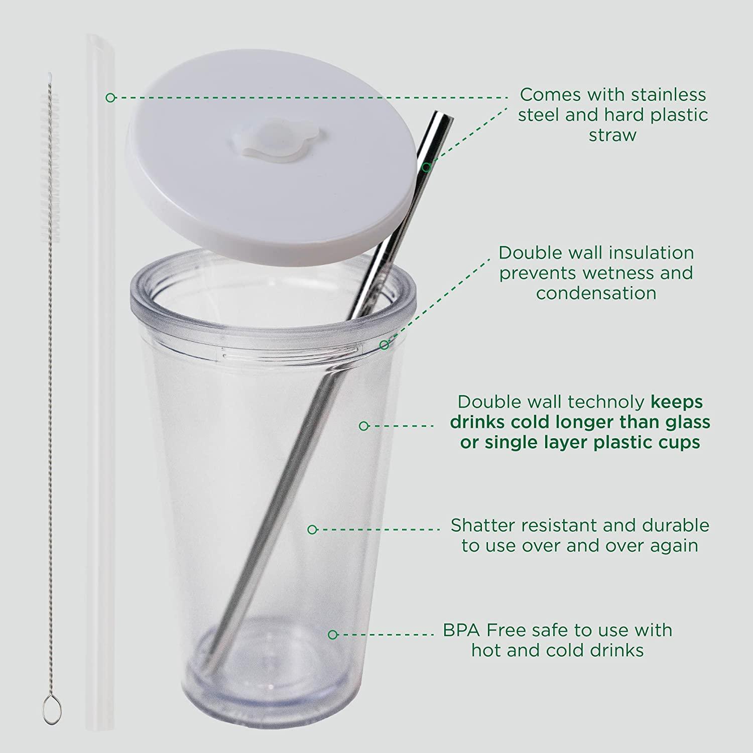 24oz Clear Plastic Tumblers With Lid And Straws Travel Iced Coffee Tumbler  Double Wall Insulate Reusable