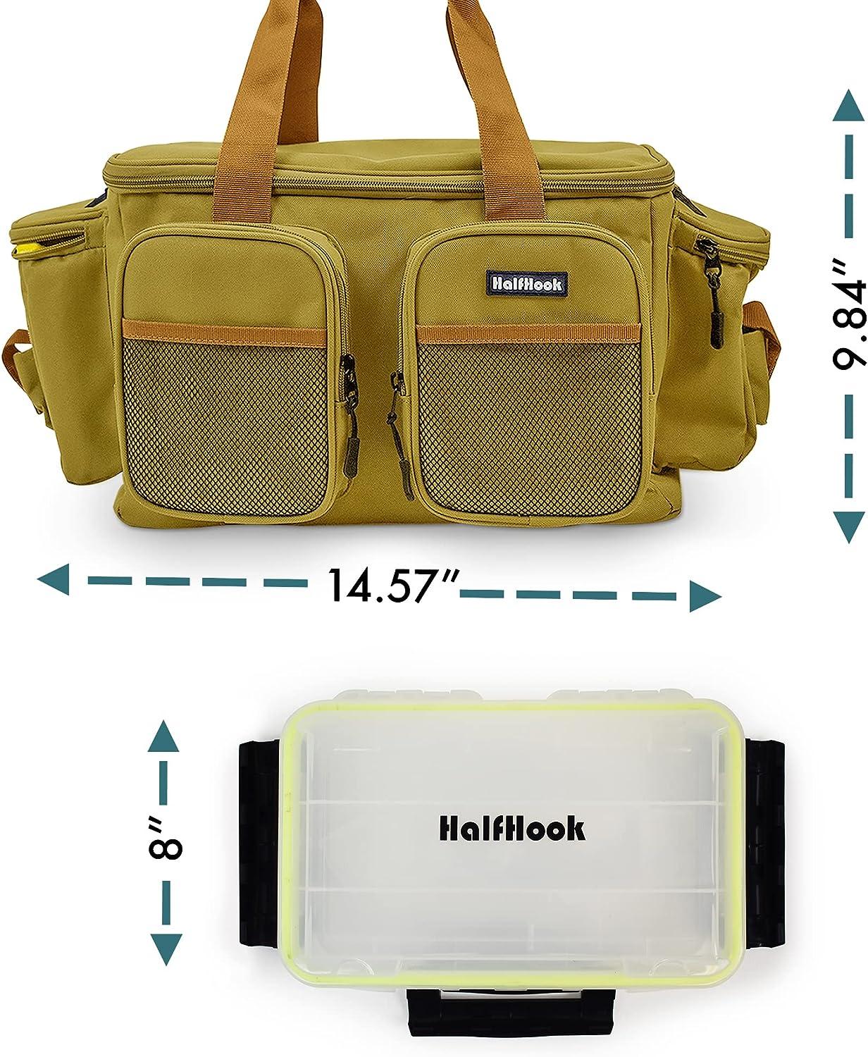 Halfhook Nylon Fishing Tackle Bag Waterproof Fishing Tackle Bag with 6  External & 1 Main Compartment Heavy Duty Hardware Fishing Gear Bag Capacity  to Hold 4 Tackle Boxes - 14.57*9.06*9.84 Khaki