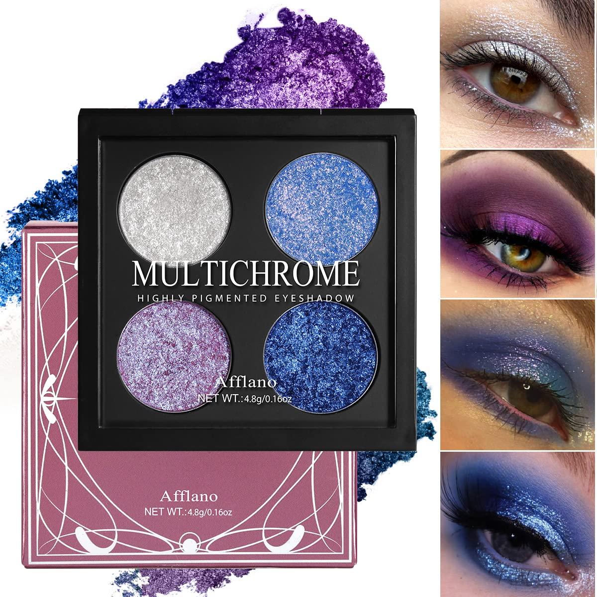 Afflano Holographic Eyeshadow Glitter, Color Change Multichrome Eyeshadow  Silver Blue Shimmer Metallic Eye Makeup, Sparkling Pigment Chameleon Duo