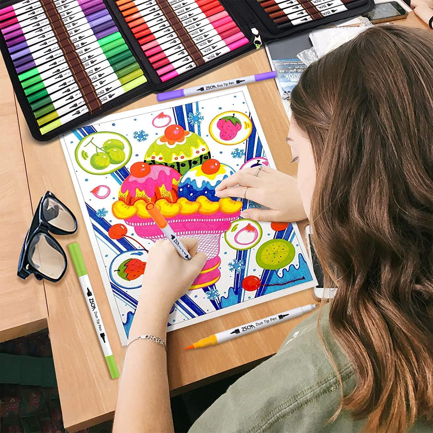 Art Markers Dual Brush Pens for Coloring, 60 Artist Colored Marker Set, Fine and Brush Tip Pen Art Supplier for Kids Adult Coloring Books, Bullet