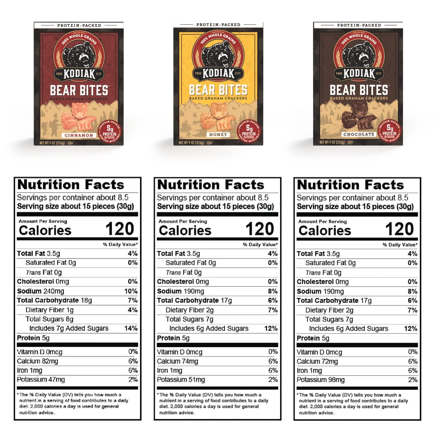 Kodiak Cakes Bear Bites - Protein Packed Baked Graham Crackers Variety Pack  - 100% Whole Grains - Honey, Chocolate & Cinnamon Cookies Snacks - 9 Ounce  (Pack of 3) Bear Bites Variety Pack