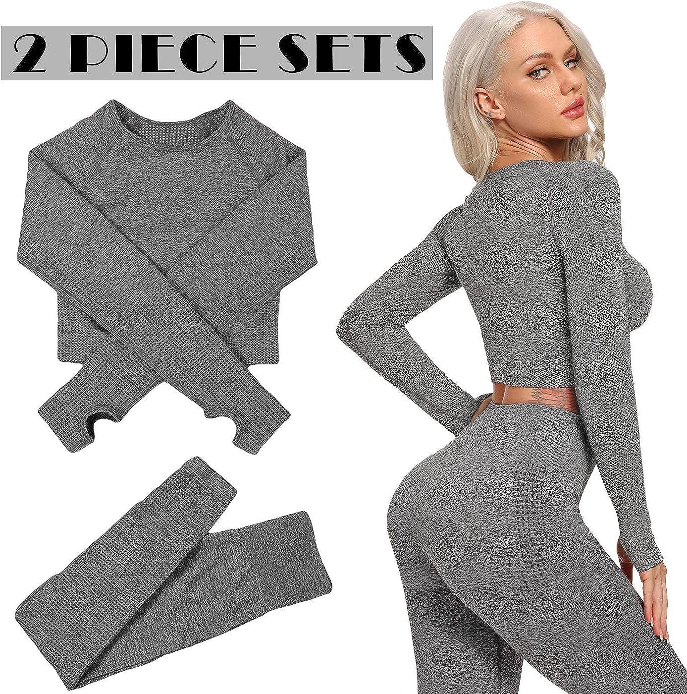 OYS Workout Sets for Women 2 Piece Outfits Seamless High Waist Yoga Leggings  Long Sleeve Crop Tops Gym Clothes - grey - Small : : Fashion