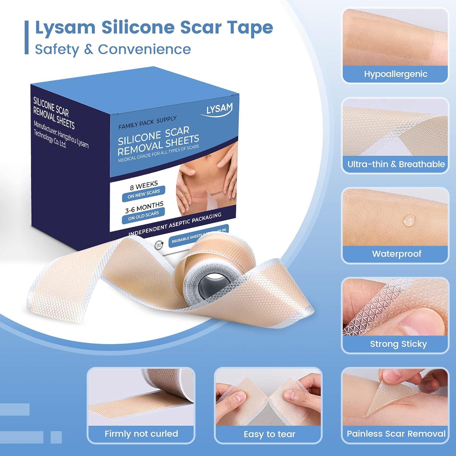 Lysam Silicone Scar Tape Sheets Strip 1.6 x 60 inch Scar Tape for  Surgical, Keloid, C-Section, Burns